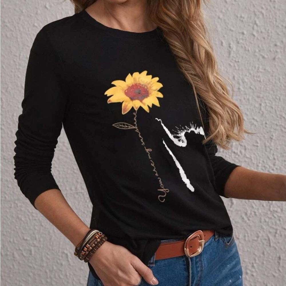 New graphic print “You are my Sunshine” sunflower top